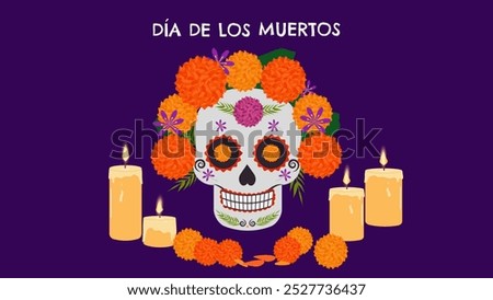 Day of Dead. Dia De Los Muertos. Traditional Mexican holiday honoring the souls of the deceased. Sugar skull altar with candles. Design postcard banner. Vector.