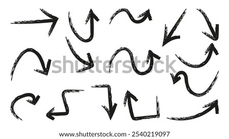 Arrows drawn with brushes for infographic design. Straight curved circular multidirectional. Graphic element used in different projects. Vector illustration.