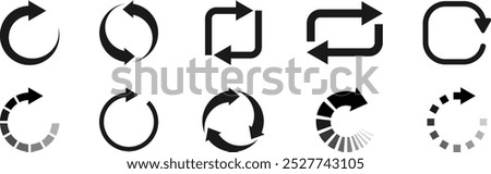 Set of refresh icons isolated on white background. Collection reloads sign symbol. Refresh icon set. Reload icon vector. Update icon. Set of circle arrows rotating. Arrow clockwise rotating symbol.