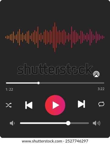 Music Player User Interface Vector. Audio Media Player Widget with Buttons, Song Duration Bar, sound wave sign and fast forward buttons. Music player interface. Modern Music Player UI Design Music App