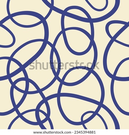 Abstract seamless pattern with blue circles and rings on a beige background. Vector illustration for textile, wrapping paper, packaging, print