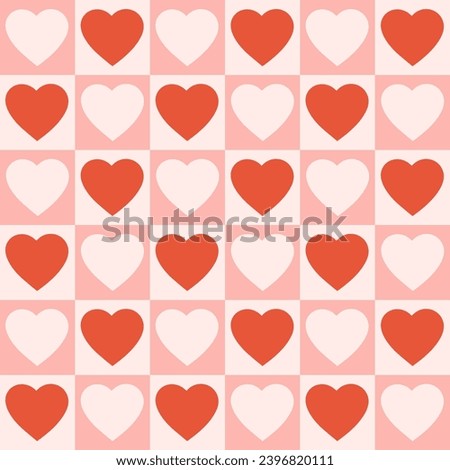 Monochrome seamless pattern with hearts on a checkered background. Modern retro illustration for decoration. Aesthetic vector print in style 60s, 70s.