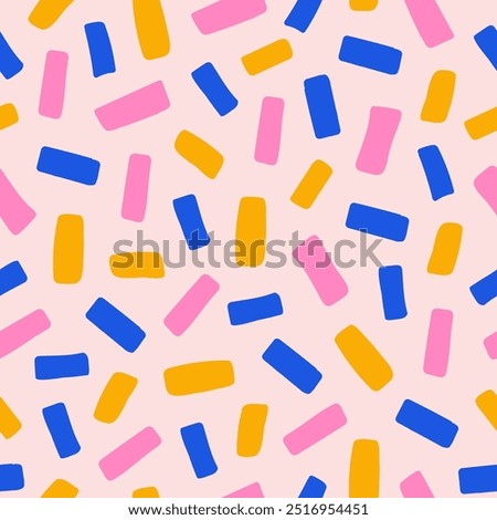 Abstract seamless pattern with colorful confetti or sugar sprinkles. Playful festive backdrop. Pop art style textures. Vector illustration