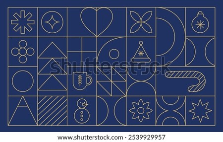 Christmas geometric abstract background. Advent calendar. Concept minimal season design. Vector illustration. Blue and gold colors