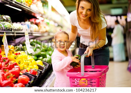 mother and daughter shopping in supermarket