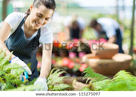 beautiful female nursery worker working in greenhouse
