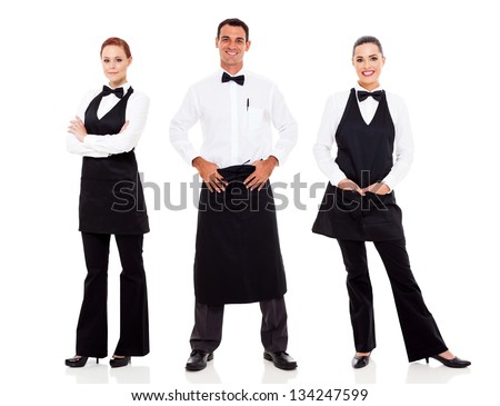 group of waiter and waitress full length portrait on white