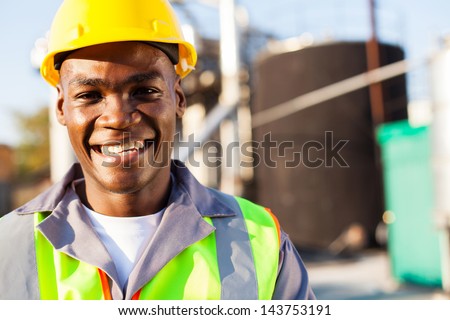 close up portrait of african american petrochemical worker outside the factory