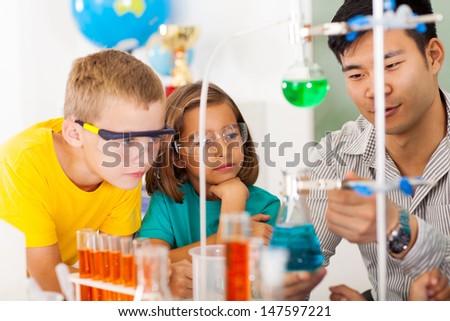 primary students in science class with teacher