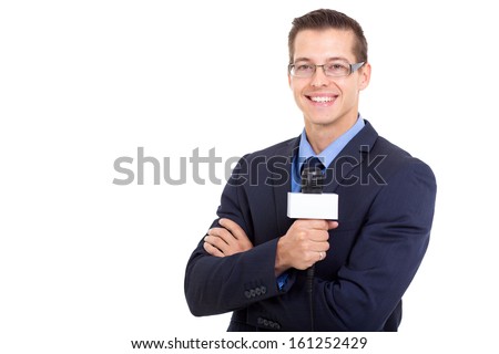young news reporter in live broadcasting on white background