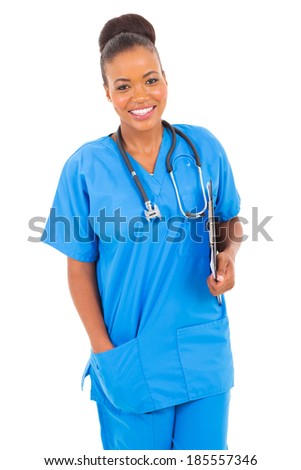 beautiful african healthcare worker holding clipboard