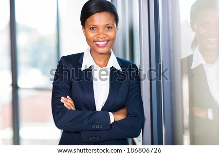 happy african american businesswoman closeup portrait in office