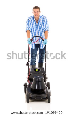 young man using electric mower on white background