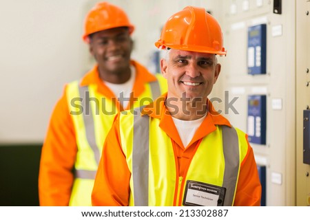 handsome senior industrial technician with colleague on background in control room