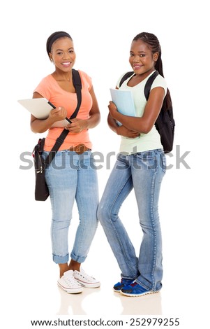 pretty african college students standing together isolated on white background