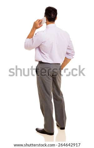 rear view of man talking on cell phone isolated on white background
