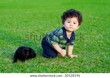 cute baby boy playing with little black chow puppy