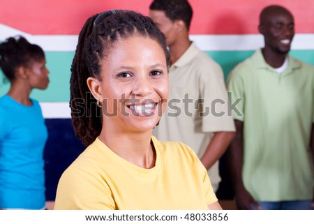 group of young diversity people in front of South African flag, 2010 Fifa world cup concept