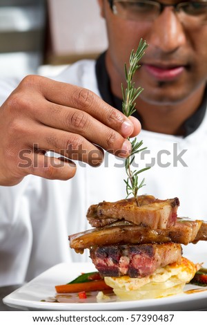 professional chef garnish meat dish