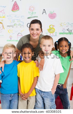 group of preschool kids and teacher in classroom