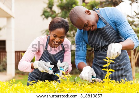 happy young african couple trimming plants at home