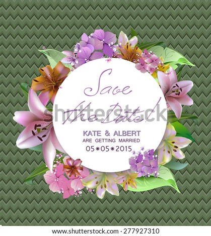 Save The Date, Wedding Invitation Card with flowers lilies and hydrangeas.Vector