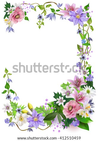 Vector flowers and vines for design of postcards, brochures, banners, flyers, printing on T-shirts, etc.Clematis, Daisy, anemones, lilies