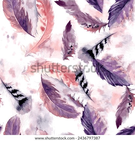 Seamless bird feather pattern with watercolor textured wing background elements in purple and orange