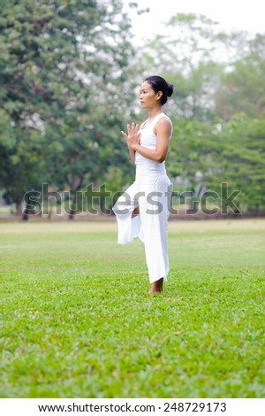 Beautiful woman practicing yoga in the park. Reversed Warrior Pose / Viparita Virabhadrasana.