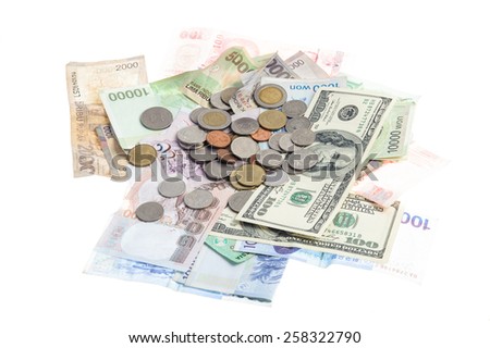 Several bank notes of american singapore indonesian thai korean and coins isolate on white background