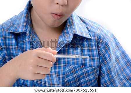 Young asian boy measuring fever by termometor from fever at hospital. Heath concept