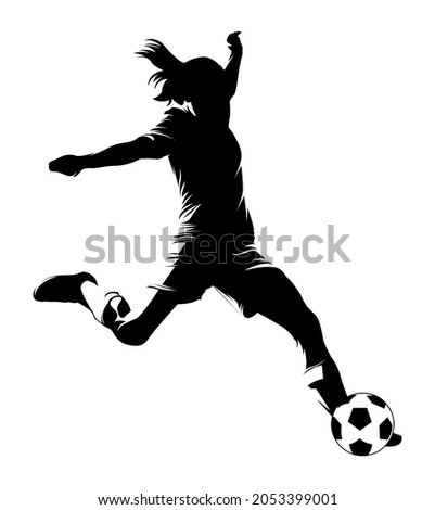 Women soccer player vector silhouettes on white background isolated. Silhouette of a woman kicking soccer ball, vector illustration