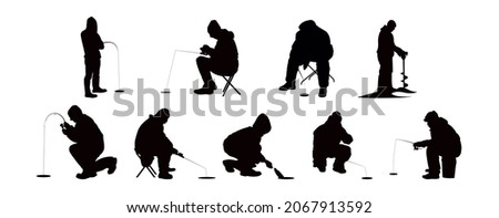 Vector set silhouette of the fisherman on winter fishing. Fishermen in the winter. Ice Fishing activity