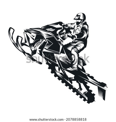 Extreme winter sport Snowmobile jumping Silhouette on white background