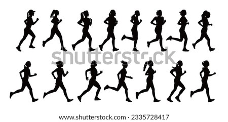 Running woman silhouettes isolated on white background . Big set of female sprinter vector illustration