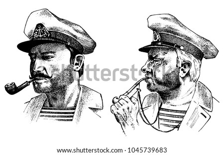 Boatswain with pipe. sea captain, marine old sailor or bluejacket, whistle and seaman with beard or men seafarer. travel by ship or boat. engraved hand drawn in old boho sketch.