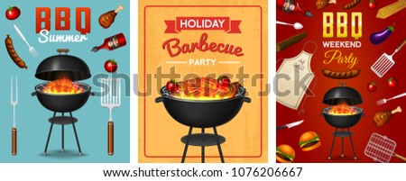 Barbecue grill elements set isolated on red background. BBQ party poster. Summer time. Meat restaurant at home. Charcoal kettle with tool, sauce and foods. Kitchen equipment for menu. Cooking outdoors