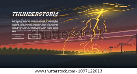 Lightning Strike and Rain. Thunderstorm day in the valley Background. thunder bolt, sparkle flash glow effect. Night cityscape. Realistic Urban landscape. Summer storm. natural disaster or cataclysm.