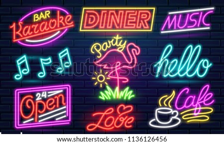 Set of 9 Neon signs for bar, night club, cafe or restaurant. Karaoke, Diner, Music Open 24 hour and flamingo. Hello word. Notes