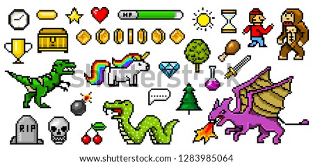 Pixel art 8 bit objects. Retro game assets. Set of icons. vintage computer video arcades. characters dinosaur pony rainbow unicorn snake dragon monkey and coins, Winner's trophy. vector illustration.