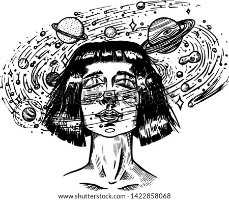 Young woman with planets. Future girl astronomer and stars in space. Science fiction concept. Hand drawn engraved vintage retro sketch for tattoo, t-shirt or logo.