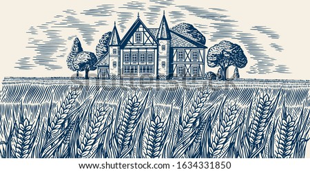 Brewery on the background of wheat and barley. Scenic view of Rural landscape, village field and hill, retro wooden building. Hand drawn monochrome vintage sketch for beer or alcoholic beverage label