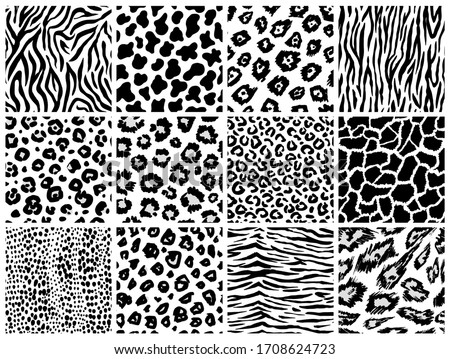 Animal seamless pattern set. Mammals Fur. Collection of print skins. Predators Camouflage. Cheetah Giraffe Zebra Leopard Holstein cattle Snake Jaguar. Printable Background. Vector illustration.