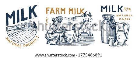 Milk set. Cow and woman farmer, milkmaid and jug, blot and bottles, packaging and meadow, man holds a glass. Vintage logo for shop. Badge for t-shirts. Hand Drawn engrave sketch. Vector illustration.