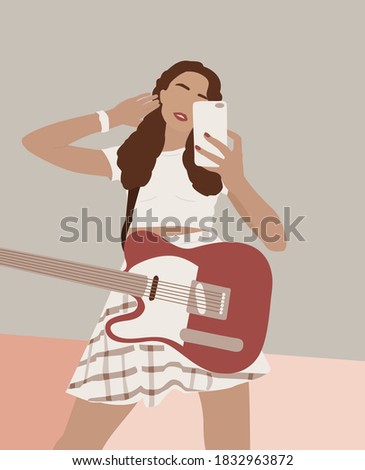Female shape. Modern Fashion woman on contemporary background. Girl with a rock guitar takes a selfie. Abstract Boho poster for interior design, wall art or social media post in pastel colors. Imagine de stoc © 