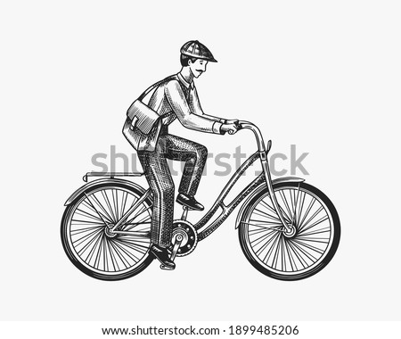 A man on a bicycle. Eco friendly transport. The postman rides a bike. . Vintage custom emblem, label badges for t shirt. Monochrome retro style. Hand drawn engraved sketch