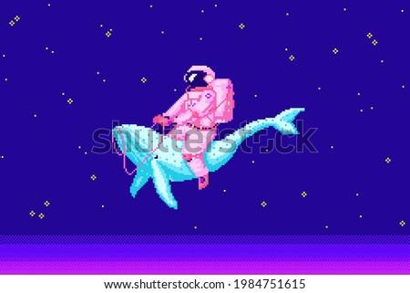 Pixel art astronaut. Spaceman 8 bit objects. Space art, digital icons. cosmonaut on a whale. Retro assets. Vintage game style. Set of characters. Vector illustration.