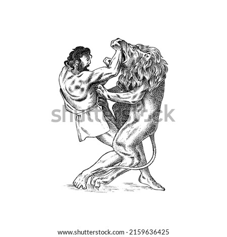 Myths of ancient greece. hercules tearing the mouth of a lion, 12 labors. Character sketch. Hand drawn vintage vector illustration for book, emblem or print.