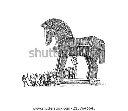 Myths of ancient greece. Trojan wooden horse and Greek warriors during the war for Ilion. Iliad, Homer. Character sketch. Hand drawn vintage vector illustration for book, emblem or print.