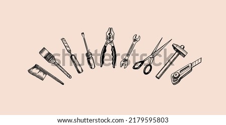 Home repair tools. Hammer, putty knife, ruler, roller, pliers, screwdriver, scissors, saw, file. T-shirt design. Vintage ink style. Vector doodle illustration for a poster or banner.